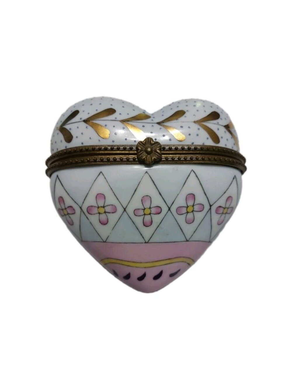 CBK Ltd. Heart Porcelain Trinket box Floral Gold Ribbon Bow Multicolor 1997